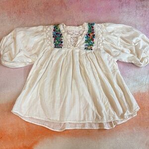 White Peasant Blouse with Colorful Floral Embroidery
